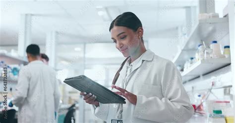 Science Tablet And Woman In A Laboratory With Research Online Data