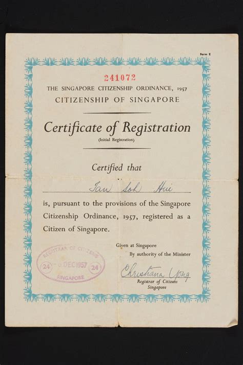 Certificate Of Registration For Singapore Citizenship