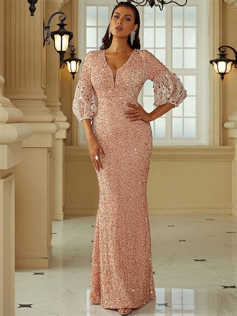 Missord Lantern Sleeve V Neck Mermaid Hem Sequin Prom Dress Xh2184