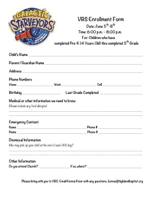 Fillable Online Vbs Enrollment Form Highland Baptist Church Fax Email