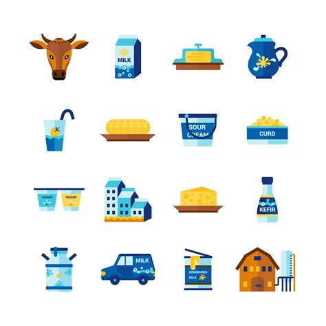 Milk Dairy Products Flat Icons Set Vector Art At Vecteezy