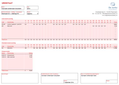 Urenstaat En Factuur Voor Consultants Boekhouden In Excel