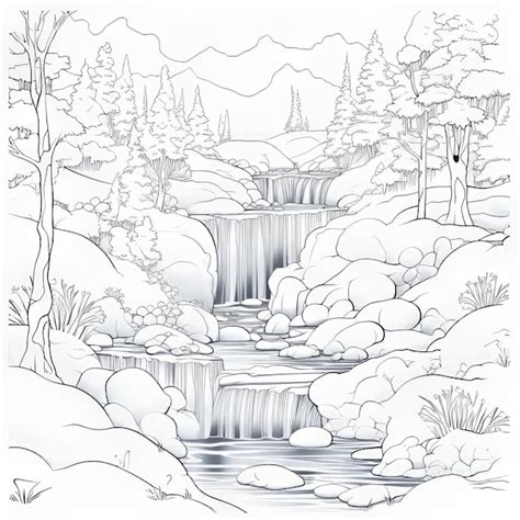 Página para colorear de escena de nieve con cascada en cascada Foto