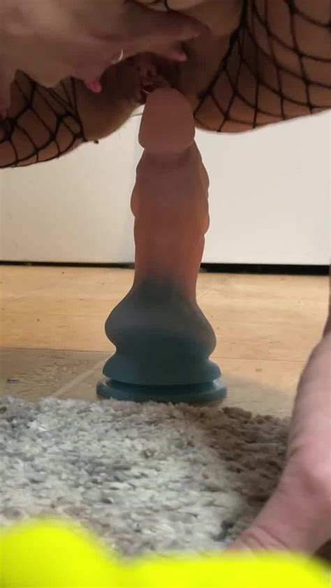 Fishnet Slut Stretching Cunt With Dragon Creature Man Meat Dildo