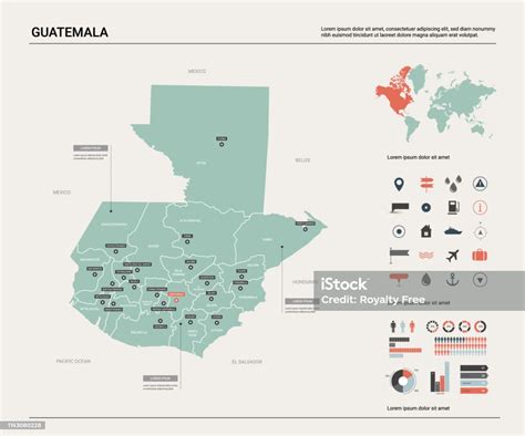 瓜地馬拉的向量圖 詳細的國家地圖與分裂 城市和資本政治地圖 世界地圖 資訊圖元素向量圖形及更多信息圖形圖片 信息圖形 危地馬拉 國家