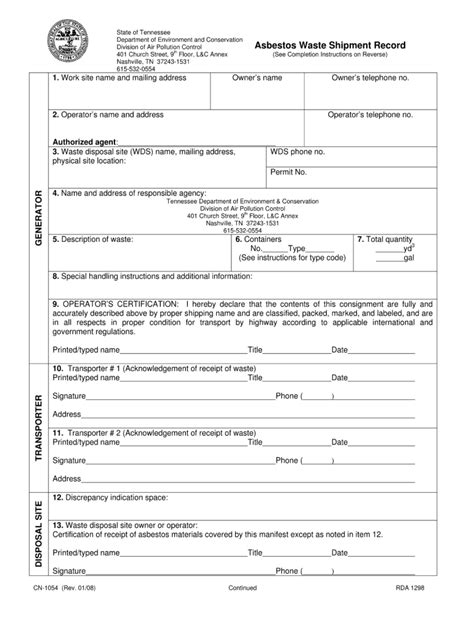 Tennessee Asbestos Waste Shipment Record Form Fill Out Sign Online