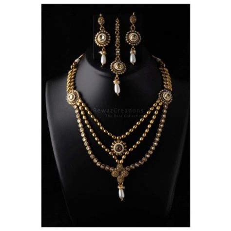 Three Line Polki Neckless With Maang Tika And Earrings Necklaces By