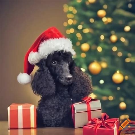 Christmas Themed Poodle In Front Of A Tree And Presents