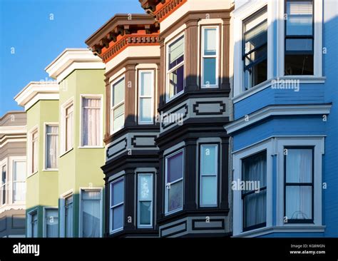 Row Of Colorful Buildings With Classic Bay Windows Architecture In San