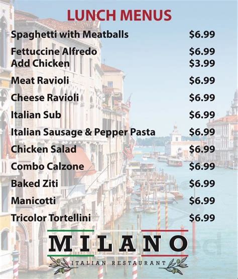 Milano Italian Restaurant Menus In Mt Washington Kentucky United States