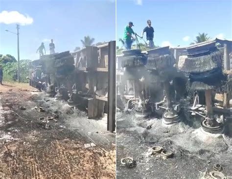 Carreta frigorífica pega fogo e tomba em rodovia do Piauí