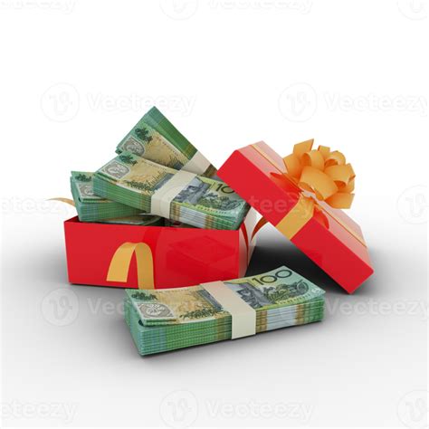 Stack Of Australian Dollar Notes Inside An Open Red Gift Box