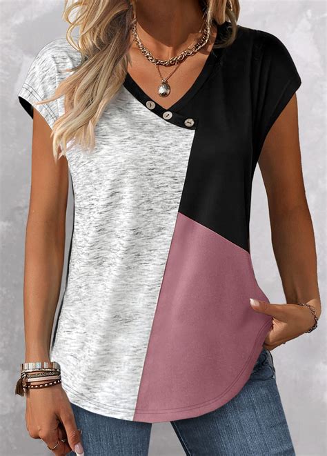 Rotita Patchwork Pink V Neck Short Sleeve T Shirt Usd 27 98