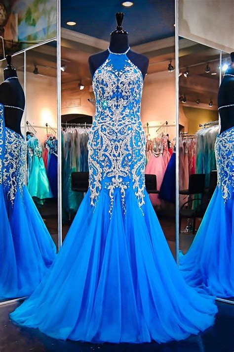 Fantastic Mermaid Halter Backless Ocean Blue Tulle Beaded Prom Dress