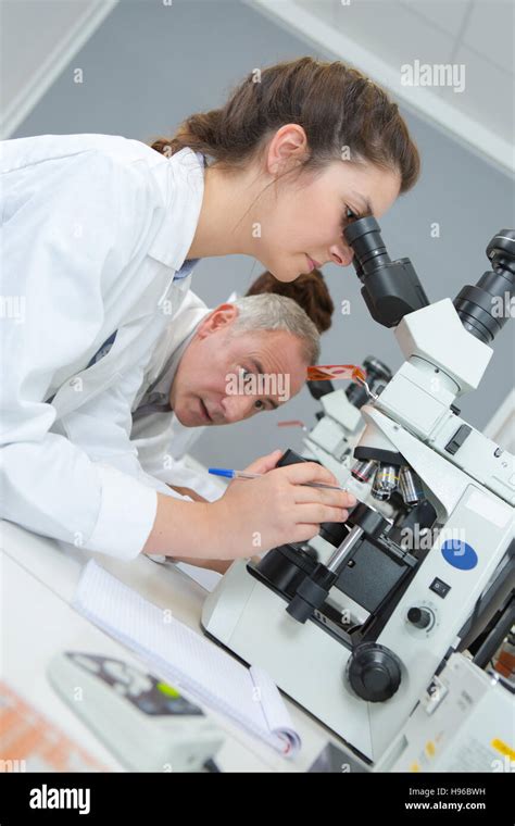 Male And Female Scientists Using Microscopes In Laboratory Stock Photo