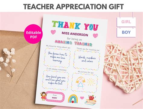 Teacher Appreciation Printable Gift, Editable Pdf - Etsy