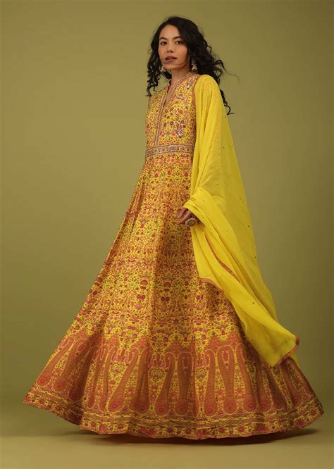 Buy Lemon Yellow Printed Anarkali Suit Set In Cotton Silk With Embroidery