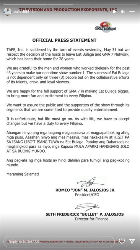 Gma Pinoy Tv On Twitter Tape Inc Naglabas Ng Official Statement