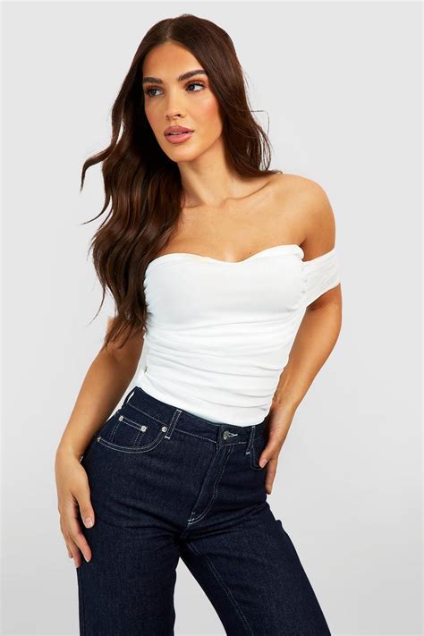 Ivory Mesh Off The Shoulder Corset Detail Bodysuit Boohoo Uk