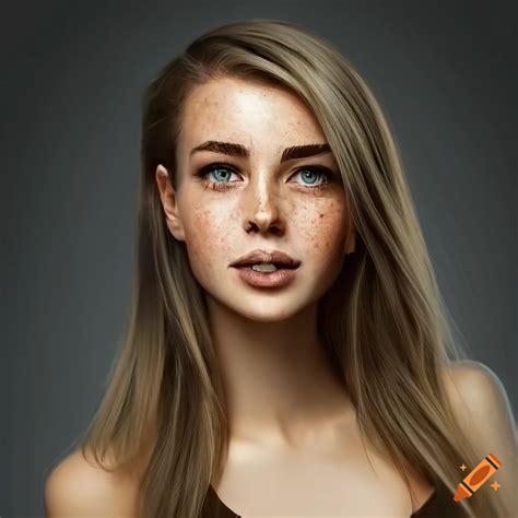 Portrait Of A Beautiful Young Woman With Freckles And Dark Blonde Hair