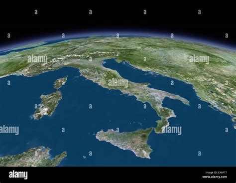 3d Satellite Image Italy Showing Sicily Sardinia Hi Res Stock