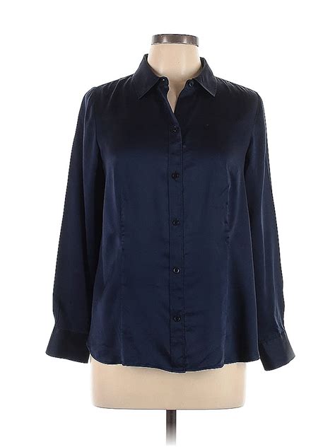 Talbots 100 Silk Navy Blue Long Sleeve Button Down Shirt Size 12 76