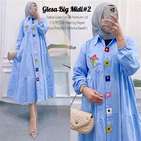 Jual Glesa Gamis Midi Dress Crinkle Premium Kancing Wanita Dewasa Busui