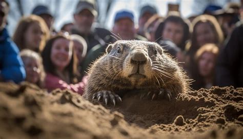 Premium Photo | Real groundhog emerging from its burrow surrounded by nature and a curious crowd