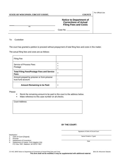 Notice To Department Of Corrections Of Actual Filing Fees And Costs