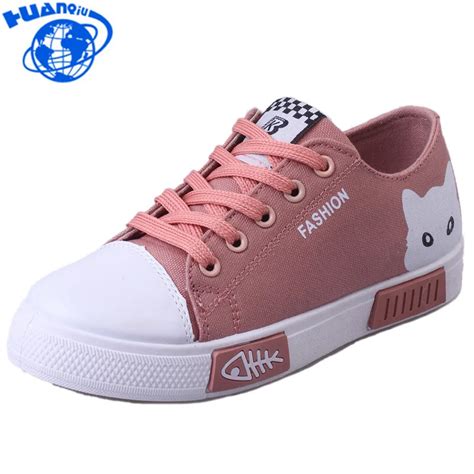 HUANQIU 2018 New Summer Women Canvas Shoes Cat Flats Women Casual Shoes Cute Cartoon Lace Up ...