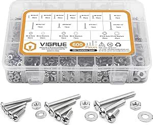 VIGRUE 600PCS 6 32 8 32 10 24 Phillips Pan Head Screws Bolt Nut Flat