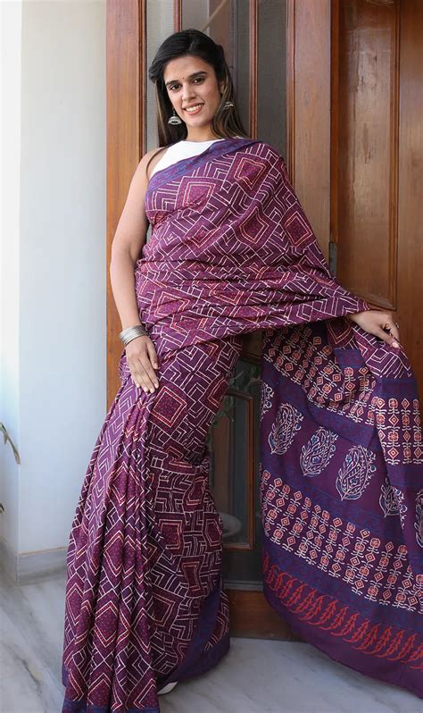 Magical Mauve Bagru Hand Block Print Saree Made Of Mulmul Cotton Moora