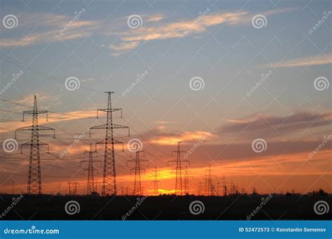 Electric Power Transmission Lines At Sunset Stock Image Image Of