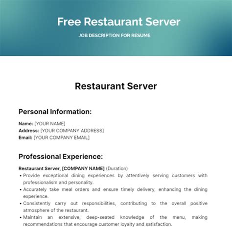 Free Restaurant Server Job Description For Resume Template Edit Online And Download