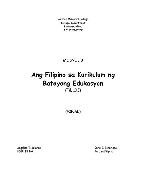 Ang Filipino Sa Kurikulum Ng Batayang Edukasyon Final Gawain Aralin 6