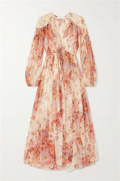 Zimmermann Devi Gathered Floral Print Silk Chiffon Midi Dress Net A