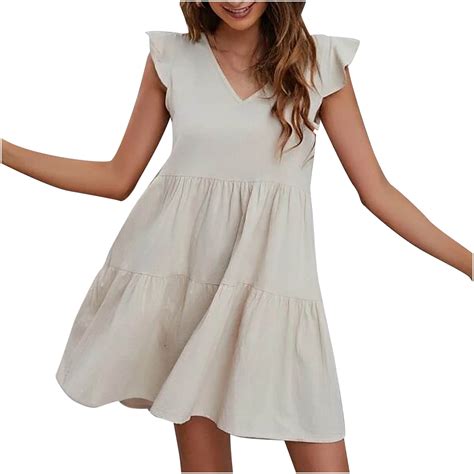 VSSSJ Women S Summer Dresses Ruffle Cap Sleeve V Neck Loose Fit Solid