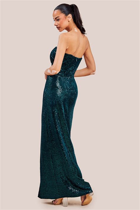 Sequin Velvet Bandeau Maxi Dress Emerald Green