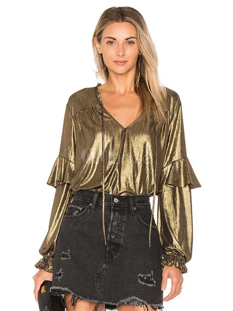 Women Gold Blouse V Neck Metallic Ruffle Shirred Long Sleeve Women Top