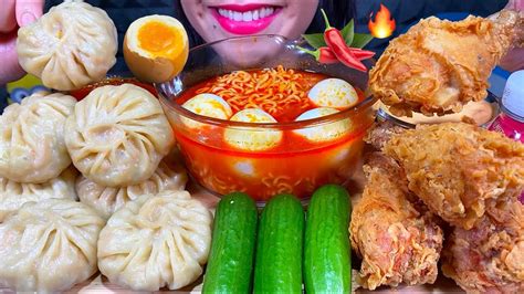 Asmr Soupy Fire Noodles Momo Fried Chicken Soft Boiled Eggs Mukbang