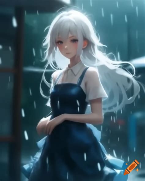 Anime Character With White Hair In Black Dress On A Rainy Day