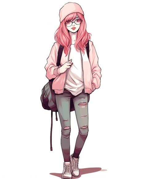 Premium AI Image | Anime girl with pink hair and glasses walking with a ...