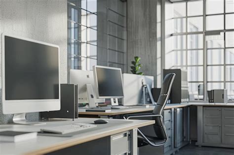 Grey Office Interior With Desk And Pc Computers In Row Window Mock Up