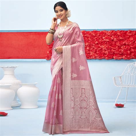 Pink Woven Poly Cotton Saree