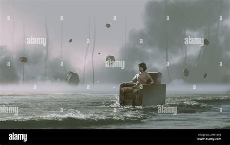 man sitting on armchair in the sea with rocks floating in the sky ...