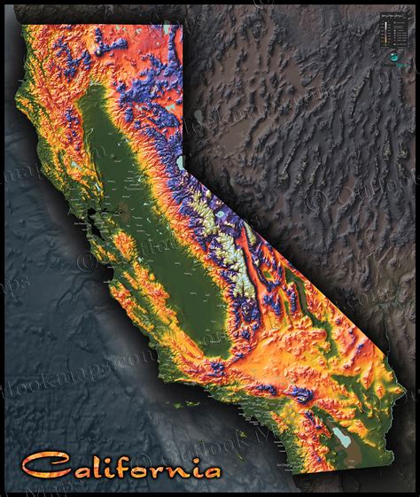 Colorful California Map | Topographical Physical Landscape