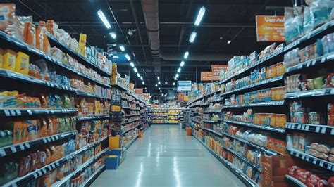 wide aisle   grocery store showcasing neatly arranged shelves