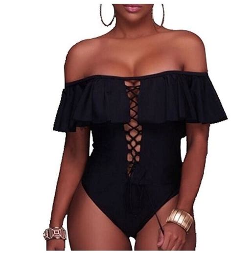 Dropship Women One Piece Bikini Lace Up Ruffled Off Shoulder Flounce Monokini Bathing Suits To