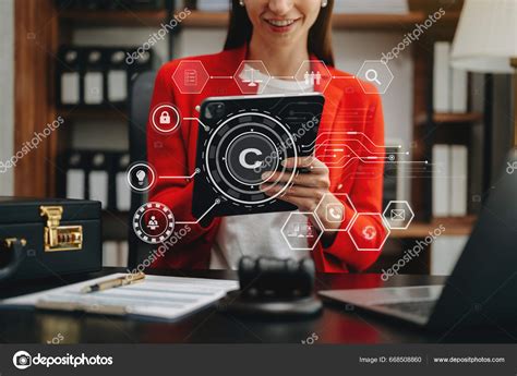 Caucasian Business Woman Wearing Red Jacket Working Office Desk Laptop ...