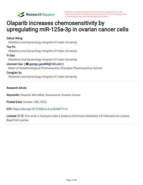 Pdf Olaparib Increases Chemosensitivity By Upregulating Mir A P